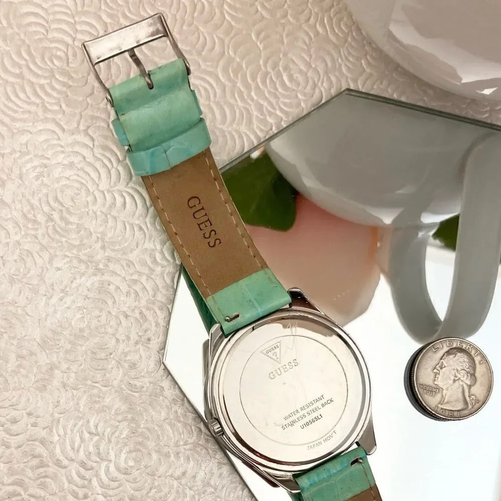 Guess Crystal Accented Bezel and Dial Large Face Watch with Leather Strap